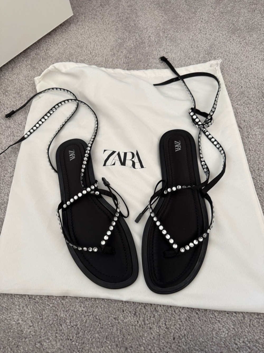 ZARA Black Rhinestone Lace-Up Flat Sandals